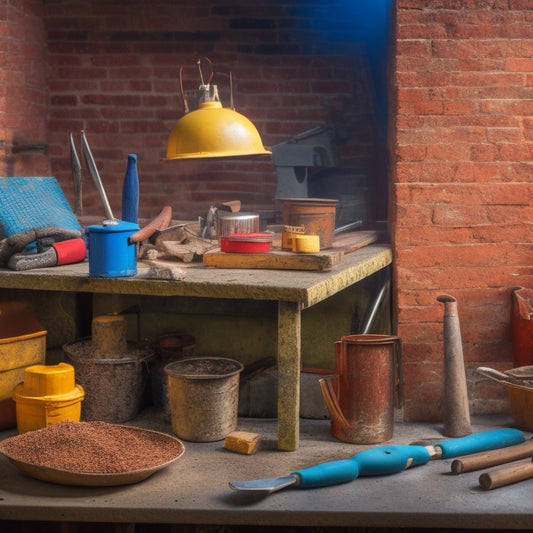 A cluttered masonry workspace with scattered tools, including a mixer, trowels, levels, hammers, chisels, and safety gear, amidst a backdrop of brick, block, and stone materials.