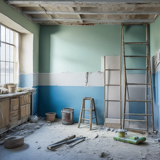 An image of a room with a partially demolished plaster wall, exposed lath, and scattered tools, with a ladder and drop cloths, conveying a sense of renovation in progress.