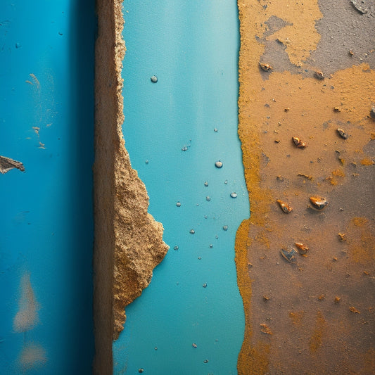An illustration of a wall with peeling paint, water droplets, and cracks, transitioning to a renovated wall with a waterproof membrane, drainage system, and smooth finish.