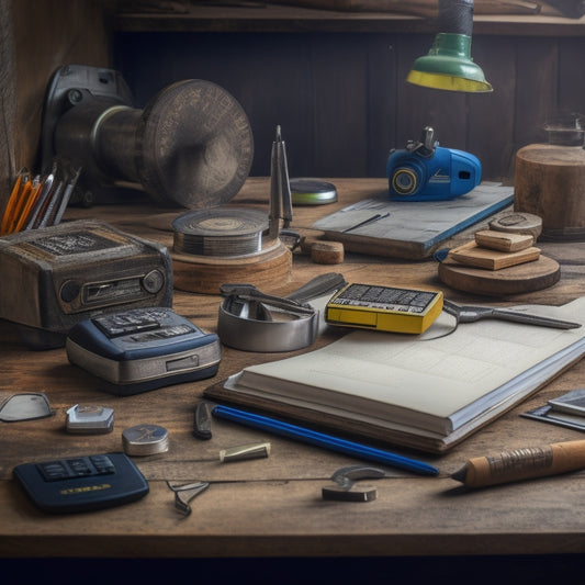 A cluttered workbench with various measurement tools scattered around, including a tape measure coiled around a wooden ruler, a level standing upright, a calculator, and a pencil lying next to a notepad.