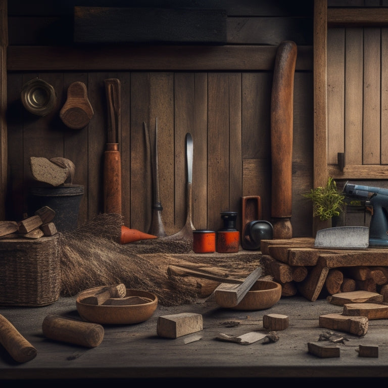 A rustic, wooden workshop background with various block splitting axes from different brands, such as Fiskars, Husqvarna, and Estwing, arranged artfully with chopped wood pieces and a few scattered leaves.