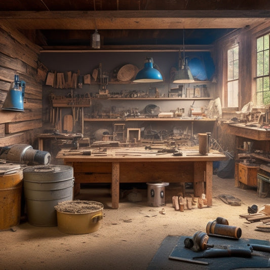 A cluttered workshop with various subfloor prep tools scattered around, including a drum sander, circular saw, and notched trowel, surrounded by wooden planks, power cords, and dust particles suspended in mid-air.
