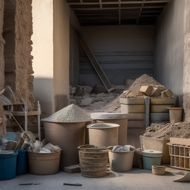 A messy construction site with block stucco walls, scattered tools, and piles of materials: buckets of stucco mix, bags of cement, rolls of wire mesh, and stacks of blocks in various sizes.