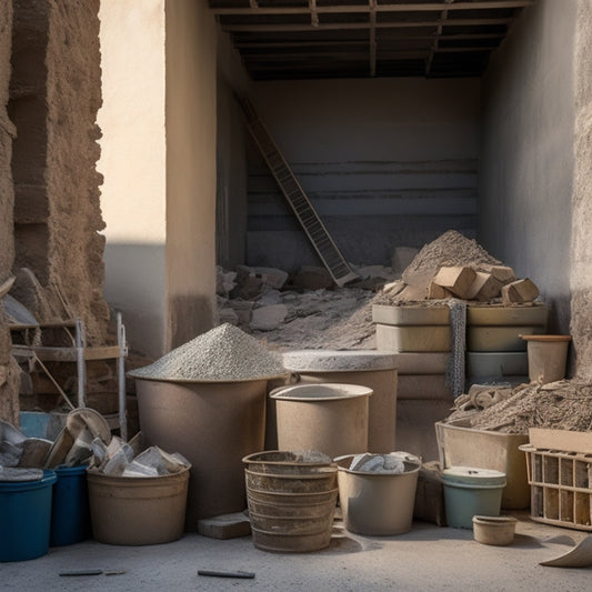A messy construction site with block stucco walls, scattered tools, and piles of materials: buckets of stucco mix, bags of cement, rolls of wire mesh, and stacks of blocks in various sizes.