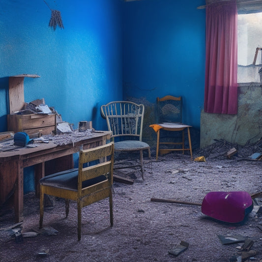A cluttered room with a demolished wall, scattered debris, and a sledgehammer leaning against a broken chair, amidst a backdrop of torn wallpaper and exposed wires.