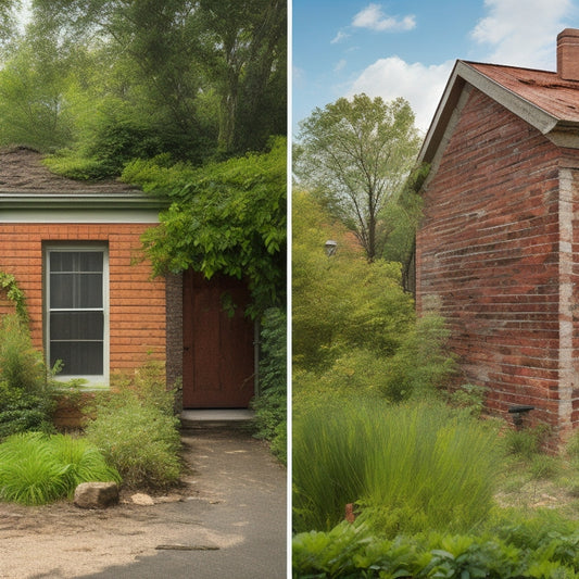 A before-and-after split-screen image: a dilapidated exterior wall with cracked bricks, overgrown vegetation, and rusty gutters on the left, versus a renovated wall with new siding, neat landscaping, and shiny gutters on the right.
