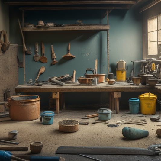 A cluttered workshop background with various renovation tools scattered around, a few top-pointing trowels of different sizes and brands standing upright in the center, with a hint of mortar and dust.