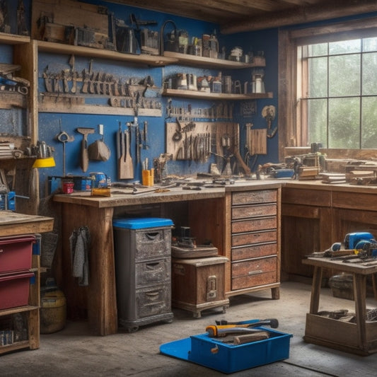 A cluttered workshop with a half-disassembled cabinet, scattered tools, and a hammer lying on the floor, contrasted with a tidy, well-organized workspace with a toolbox, a level, and a cordless drill.