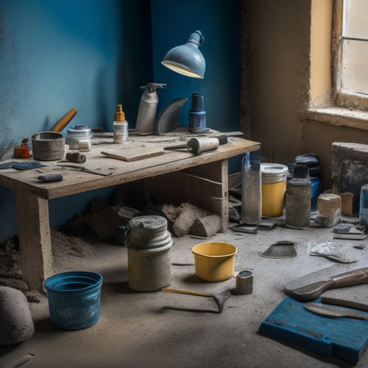 A cluttered workshop table with various concrete filling tools, including a putty knife, trowel, and caulk gun, surrounded by concrete mix, sandpaper, and a half-filled hole in a cracked wall.