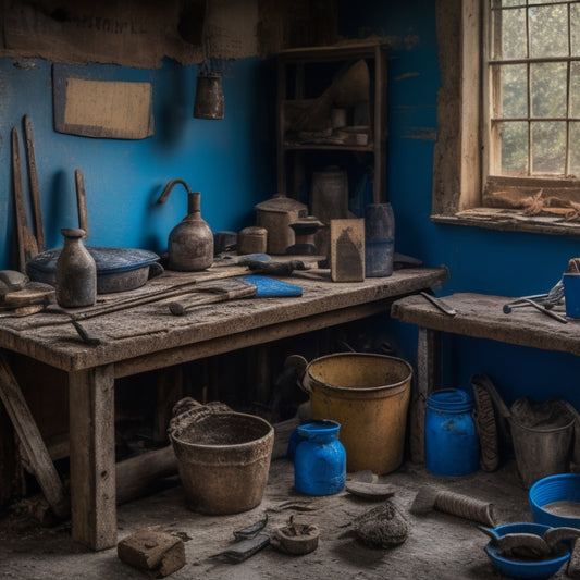 A worn, wooden workbench cluttered with vintage plastering tools, including a faded blue hawk, rusty trowels, and a crumbling plasterer's float, surrounded by old house renovation debris.