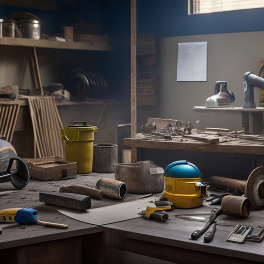 A cluttered workspace with a partially demolished block wall in the background, surrounded by scattered tools like a circular saw, level, trowel, and safety goggles.