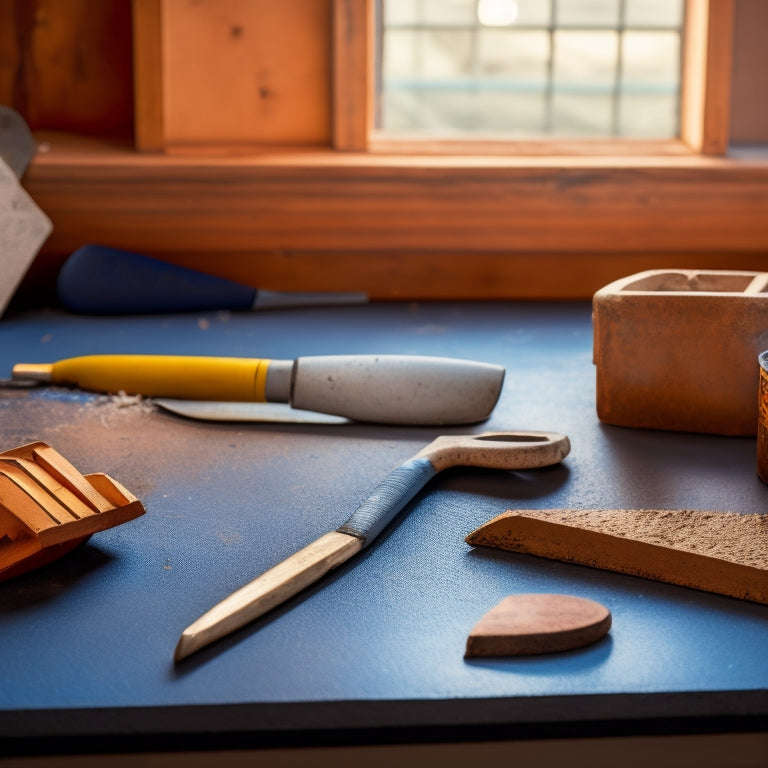 A close-up of various plastering trowels with different blade sizes, shapes, and materials laid out on a workbench, surrounded by renovation tools and a partially plastered wall in the background.