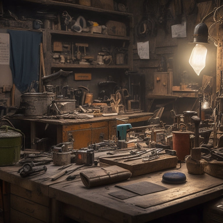 A cluttered workshop with a mix of old and refurbished tools, with a spotlight shining on a few select tools with price tags and stickers indicating their second-hand origin and discounted prices.