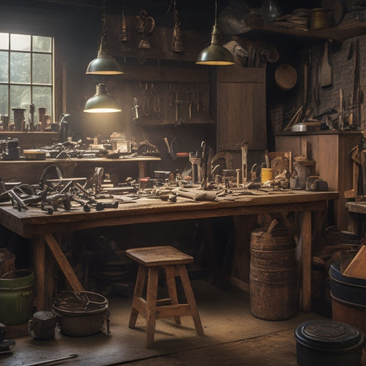 A cluttered workshop with a mix of old and new tools scattered on a wooden workbench, surrounded by half-finished renovation projects, with a spotlight shining on a few essential tools in the center.