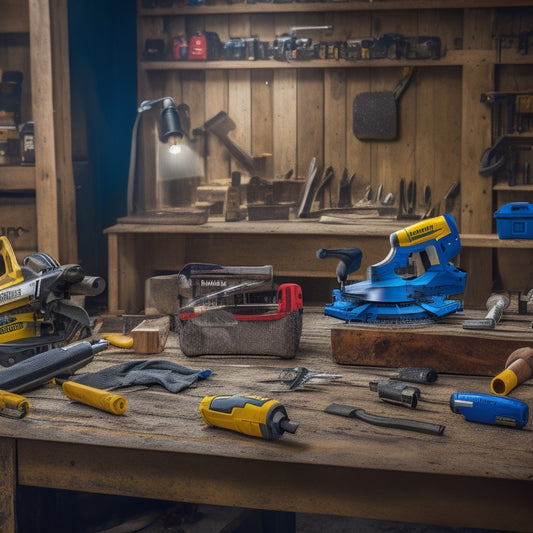 A cluttered workbench with a miter saw, cordless drill, and impact driver, surrounded by scattered power tool batteries, worn gloves, and a measuring tape, with a blurred background of a renovation site.