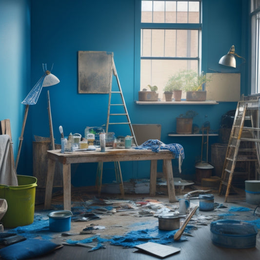 A messy room with paint swatches on the wall, a ladder, a paint can, and a paintbrush lying on the floor, surrounded by renovation tools and scattered furniture.