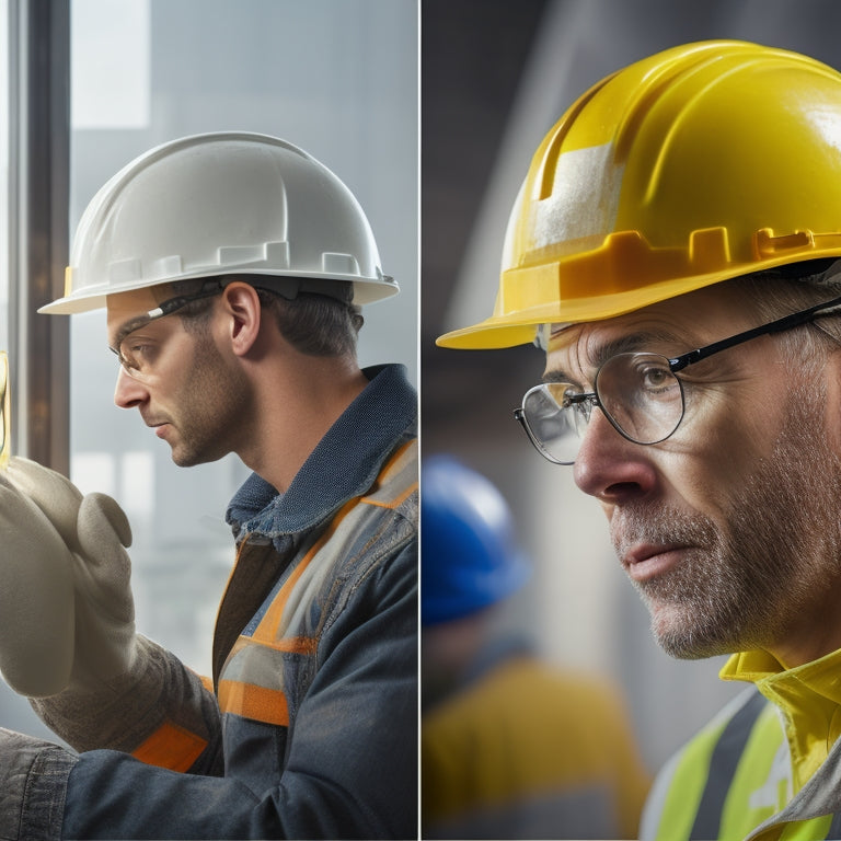 A split-screen image: a person in a hard hat and safety vest examining a coat finish on a renovation site, alongside a magnifying glass zoomed in on a flawless, glossy coat finish with subtle brushstrokes.
