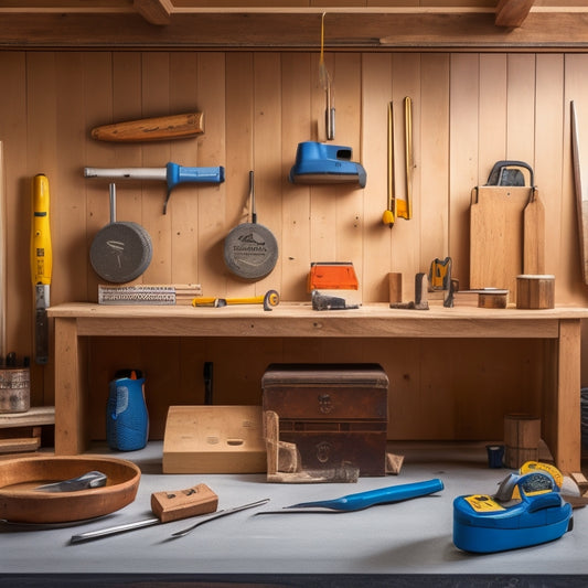 A photo of a wall renovation workspace with a variety of affordable tool sets, including a hammer, tape measure, level, and drill, laid out on a wooden workbench amidst renovation materials.