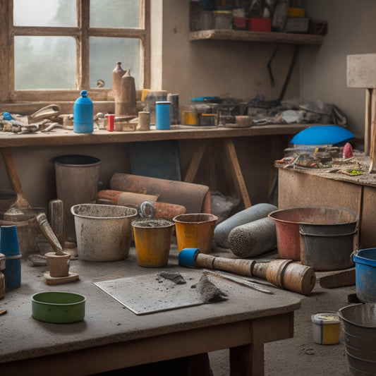 A cluttered workbench with various concrete trowels of different sizes and shapes, surrounded by scattered concrete mix, buckets, and DIY tools, with a blurred background of a renovated room.