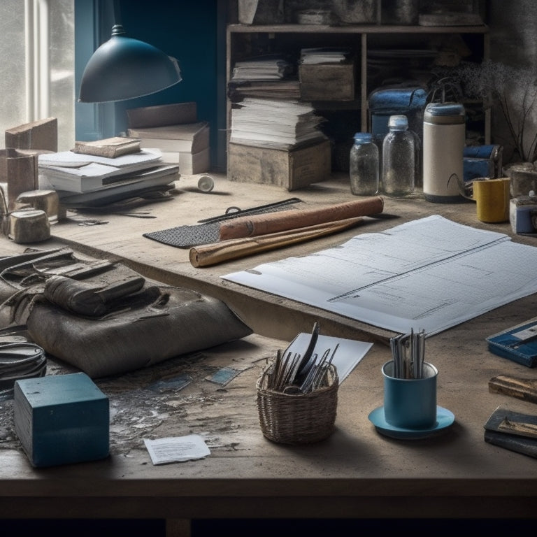 A messy construction site with scattered tools, blueprints, and scattered papers transforms into a organized space with a tidy desk, a laptop, and a neatly arranged binder with tabs, amidst a subtle background of a renovated home.