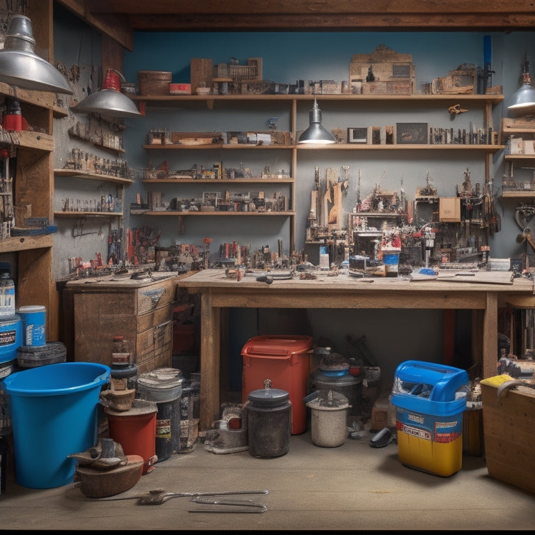 A cluttered workshop with various DIY renovation tools and materials, featuring a prominent display of sealants, adhesives, and caulks from top brands like Loctite, Gorilla, and 3M.