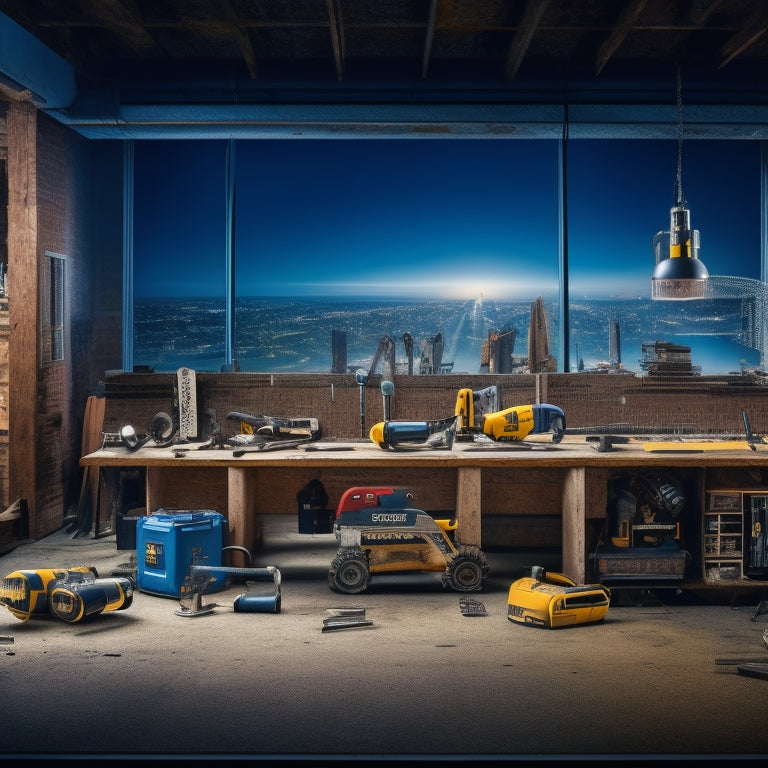 A cluttered workshop background with various power tools from top brands (DeWalt, Makita, Bosch) scattered around, with a few tools in mid-air, surrounded by sparks and a subtle cityscape silhouette in the distance.