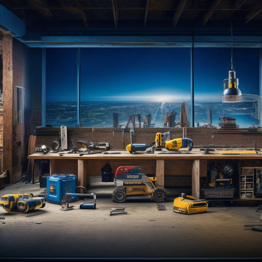 A cluttered workshop background with various power tools from top brands (DeWalt, Makita, Bosch) scattered around, with a few tools in mid-air, surrounded by sparks and a subtle cityscape silhouette in the distance.