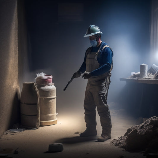 An image of a person in a dusty, dimly lit room, wearing a dust mask and holding an electric sander, surrounded by plaster dust and debris, with a partially sanded wall in the background.