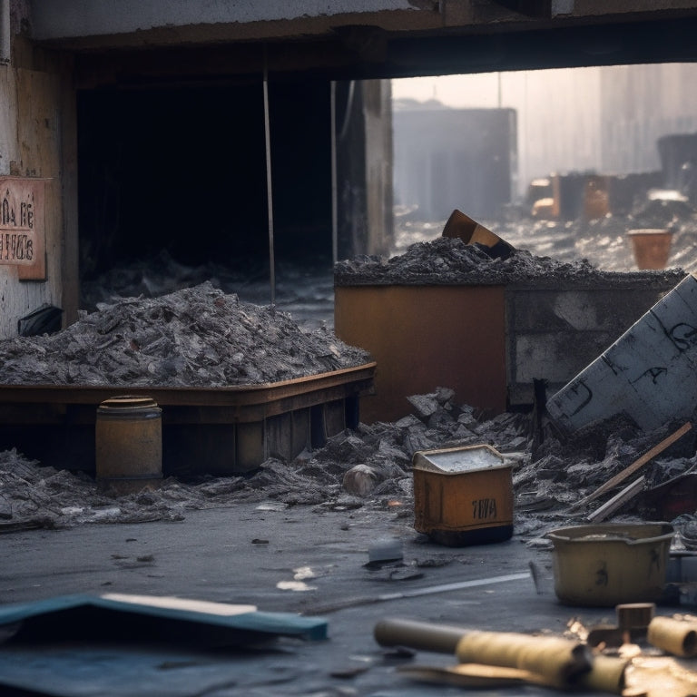 A cluttered construction site with piles of broken tiles, shattered glass, and torn insulation, surrounded by rusty old pipes, battered drywall, and a dumpster with a hazmat symbol on its side.
