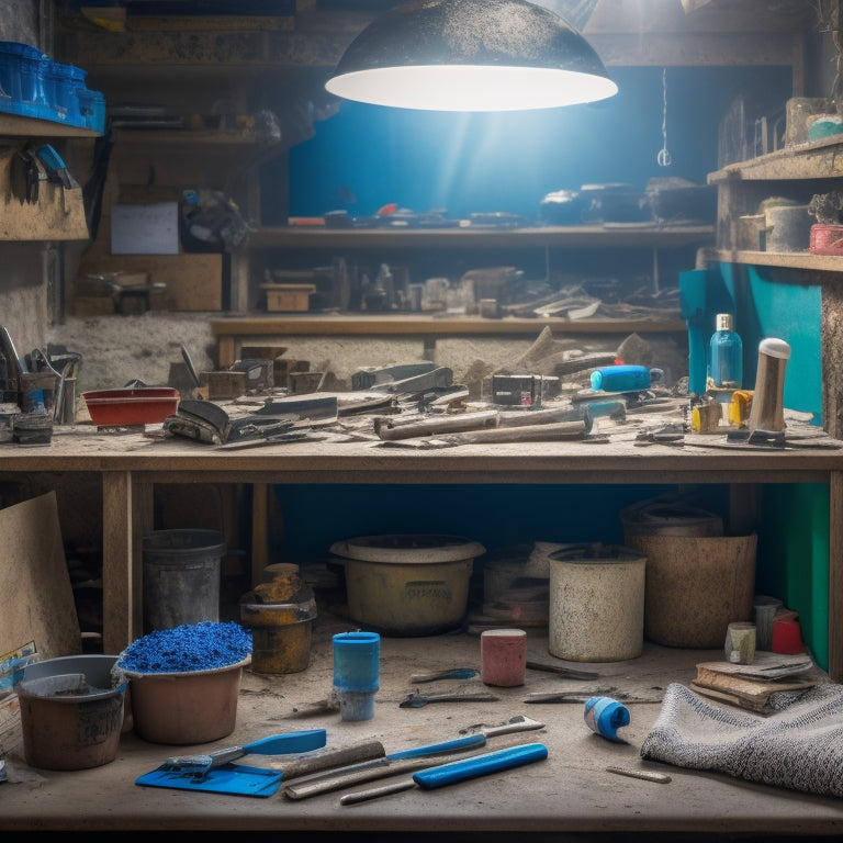 A cluttered workbench with a discounted price tag hanging from a shiny new plastering tool set, surrounded by scattered plaster dust, half-finished renovation projects, and scattered DIY manuals.