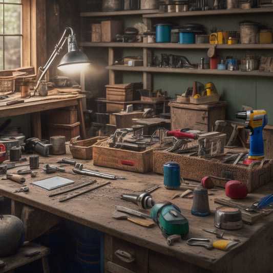 A cluttered workbench with a mix of new and old tools, including a cordless drill, level, tape measure, and wrench, with a subtle background of a half-renovated room.