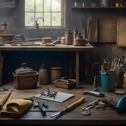A cluttered workshop background with a worn wooden table and rusty tools scattered around, featuring a prominent clipboard with a partially-filled checklist, surrounded by hammers, screwdrivers, and wrenches.