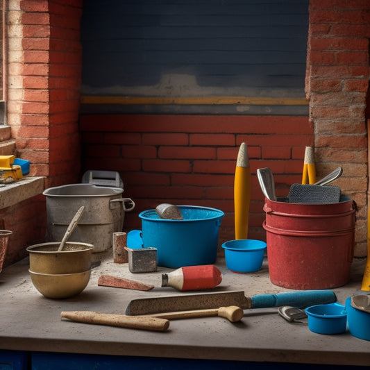 A cluttered masonry workspace with various block renovation tools scattered around, featuring a central trowel with a bucket of mortar beside it, surrounded by joint rakes, levelers, and pointing trowels.