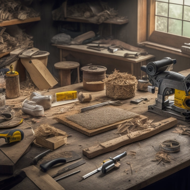 A cluttered workshop table with various saws, including a circular saw, reciprocating saw, and miter saw, surrounded by scattered wood shavings, measuring tapes, and renovation plans in the background.