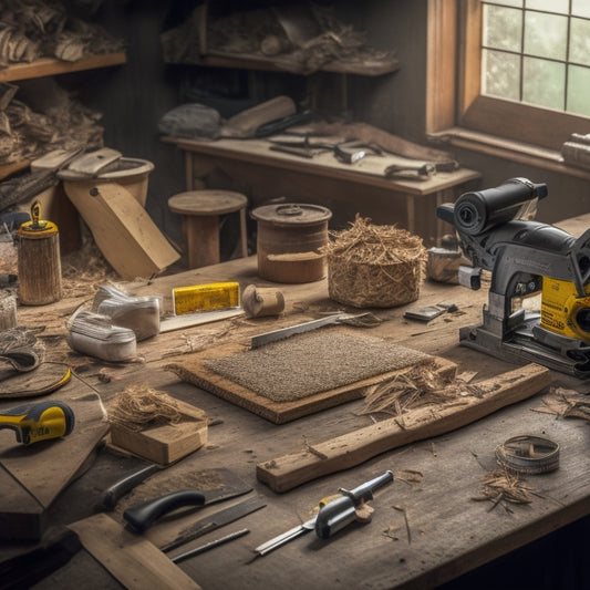A cluttered workshop table with various saws, including a circular saw, reciprocating saw, and miter saw, surrounded by scattered wood shavings, measuring tapes, and renovation plans in the background.