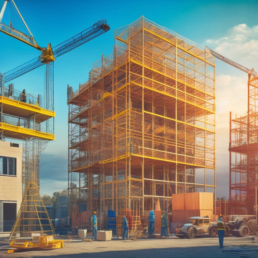 An image depicting a multistory home under renovation, with a sturdy scaffolding system surrounding the exterior, workers in hard hats and harnesses performing tasks, and a crane lifting materials in the background.