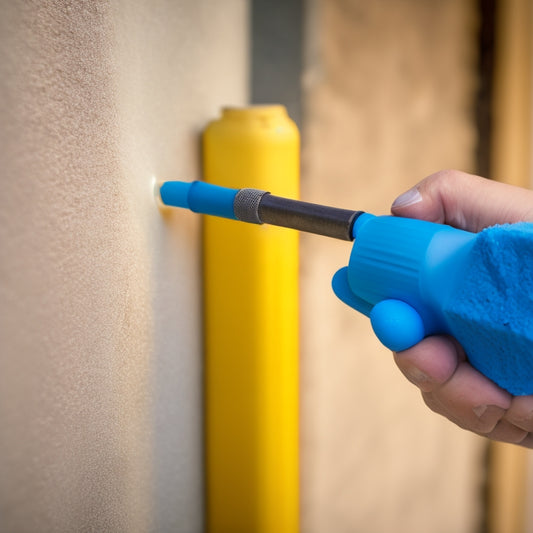 A close-up of a person's hand holding a polyurethane foam injection tool, with a partially filled gap in a concrete wall behind, and foam oozing out of the nozzle.
