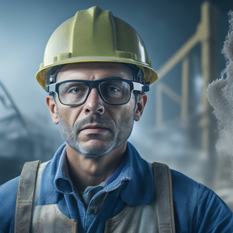 An image of a person wearing a hard hat, safety goggles, and a dust mask, standing in front of a concrete wall with a power drill and safety netting, amidst a messy construction site.