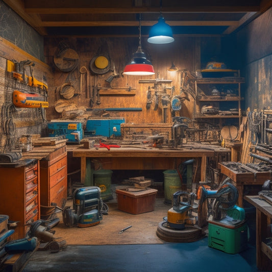 A cluttered workshop with various power tools, ladders, and equipment, with a prominent drill press and circular saw in the center, surrounded by renovation materials like plywood and pipes.