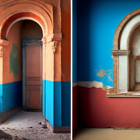 A before-and-after split-screen image: a cracked, crumbling wall with peeling paint on the left, and a smooth, repaired wall with a fresh coat of paint on the right, with various repair products in the foreground.
