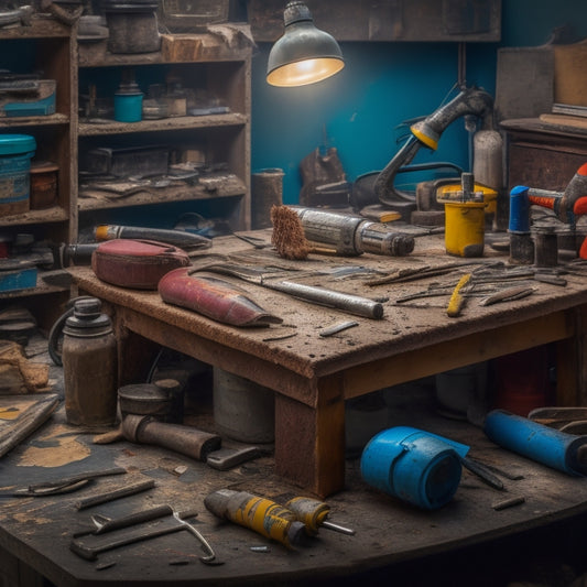 A cluttered workbench with a cracked ceramic tile, a broken concrete block, and a damaged wooden plank, surrounded by various repair tools like epoxy injectors, patching compounds, and putty knives.