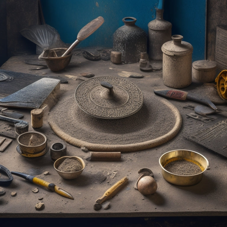 A cluttered workshop backdrop with 10 different plastering hawks, each with unique handle designs and metal blade shapes, arranged in a circular pattern, with scattered plastering tools and dust particles surrounding them.