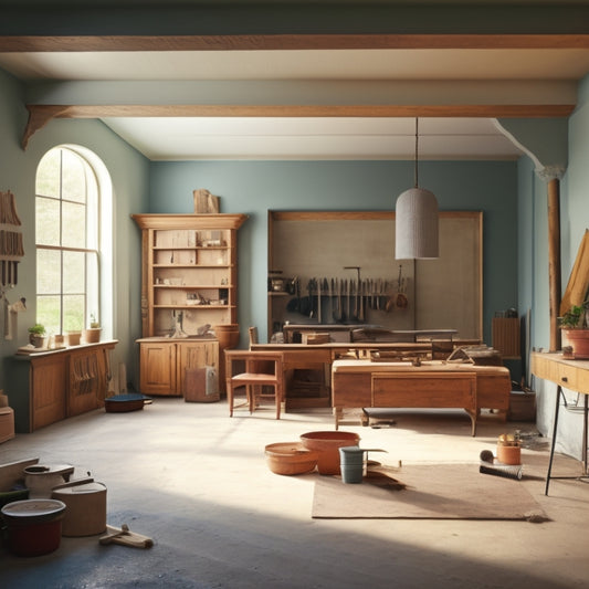 A serene, well-lit interior scene featuring a variety of floated walls and floors in different stages of renovation, with tools and materials neatly organized in the background.
