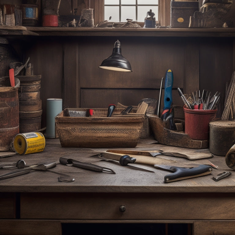 A cluttered but organized workspace with various hand tools, including a hammer, tape measure, level, pliers, and screwdrivers, arranged on a wooden table with a subtle background of a renovated room.