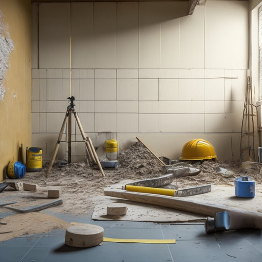 A messy home renovation site with a half-demolished wall, scattered tools, and a faint blueprint on the floor, with a prominent yellow hard hat and a measuring tape in the foreground.