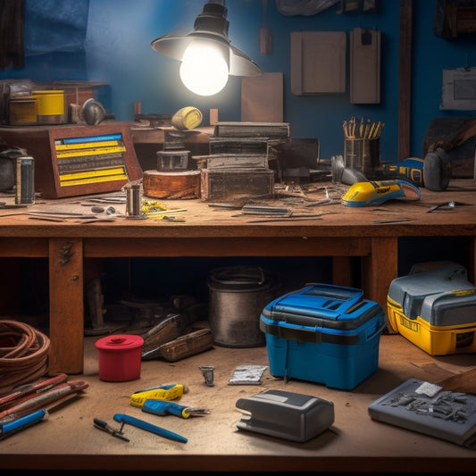 A cluttered workbench with various DIY inspection tools, including a stud finder, level, and flashlight, surrounded by drywall fragments, wires, and scattered screws.