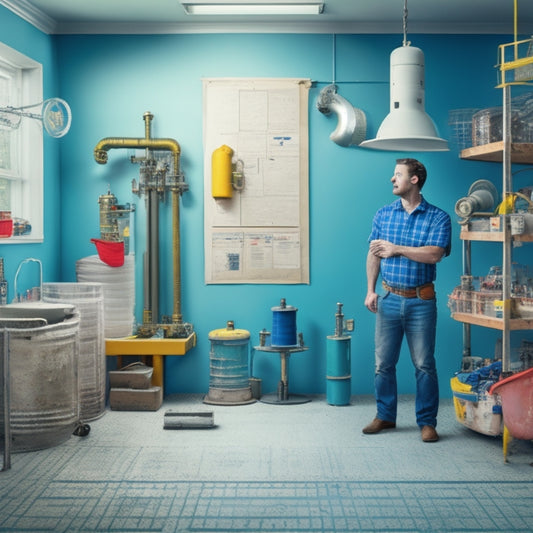 An illustration of a person standing in front of a partially renovated room with various pumps and pipes scattered around, with a puzzled expression, surrounded by blueprint papers and measuring tapes.