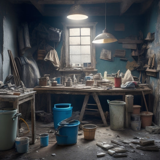 A cluttered workshop scene with a mangled metal ladder, scattered tools, and a half-filled bucket of joint compound, surrounded by torn drywall, broken tiles, and a mismeasured cutting mistake.