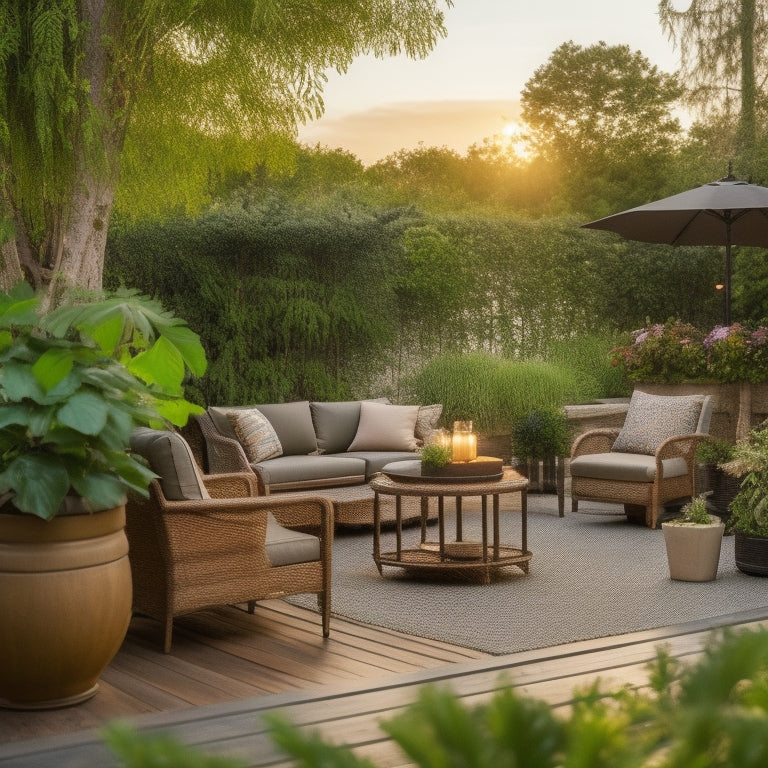 A serene backyard patio featuring a refurbished wooden deck, adorned with potted plants and a statement piece of outdoor furniture, surrounded by lush greenery and soft warm lighting at sunset.