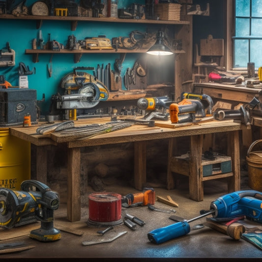 A cluttered workbench with various power tools, including a circular saw, drill press, impact driver, and jigsaw, surrounded by scattered DIY renovation project materials like wood planks, pipes, and wiring.